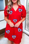Patriotic Sequin Heart Patch Textured V Neck Mini Dress